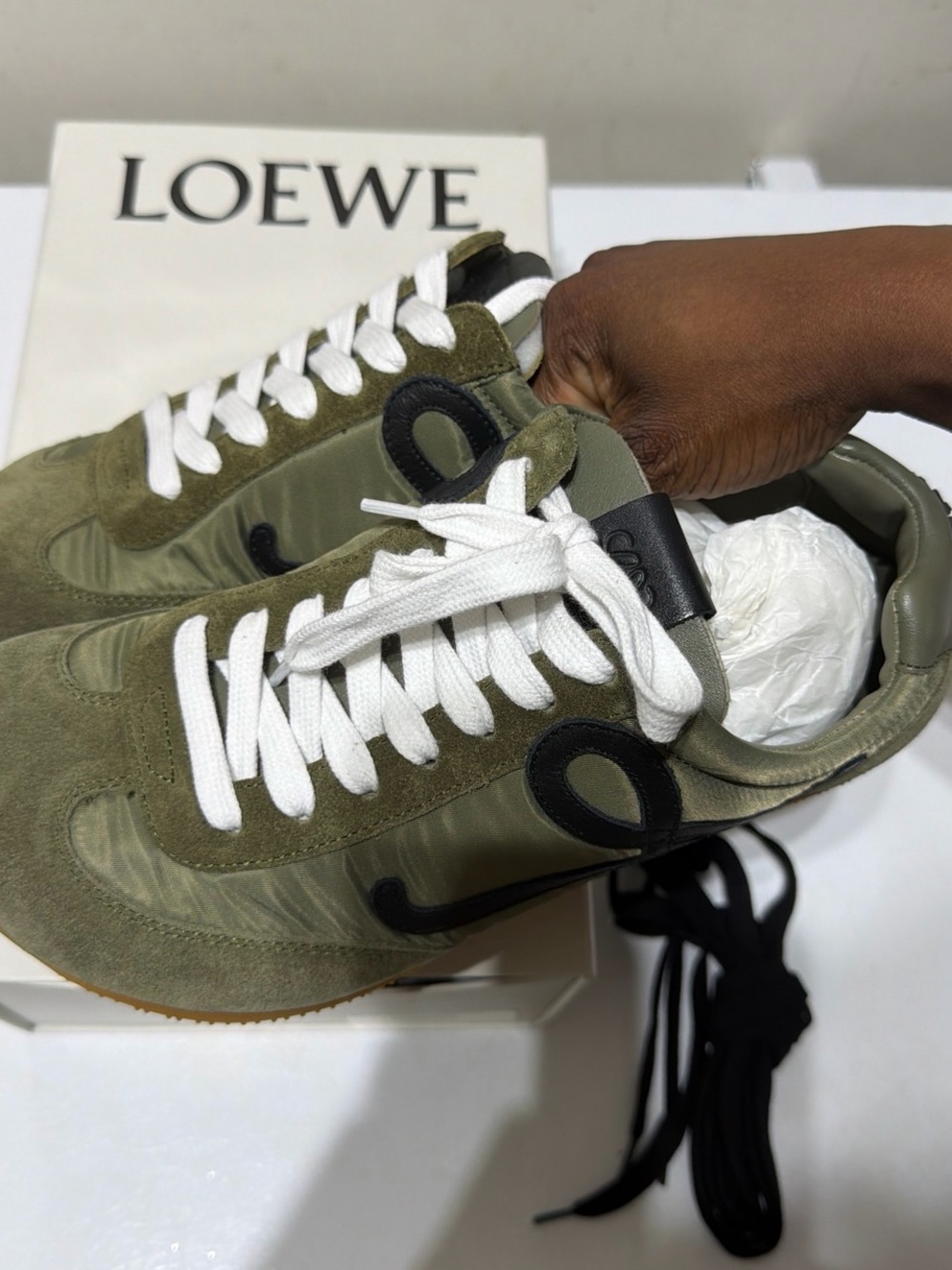Loewe Olive Suede & Nylon Sneakers with White Laces